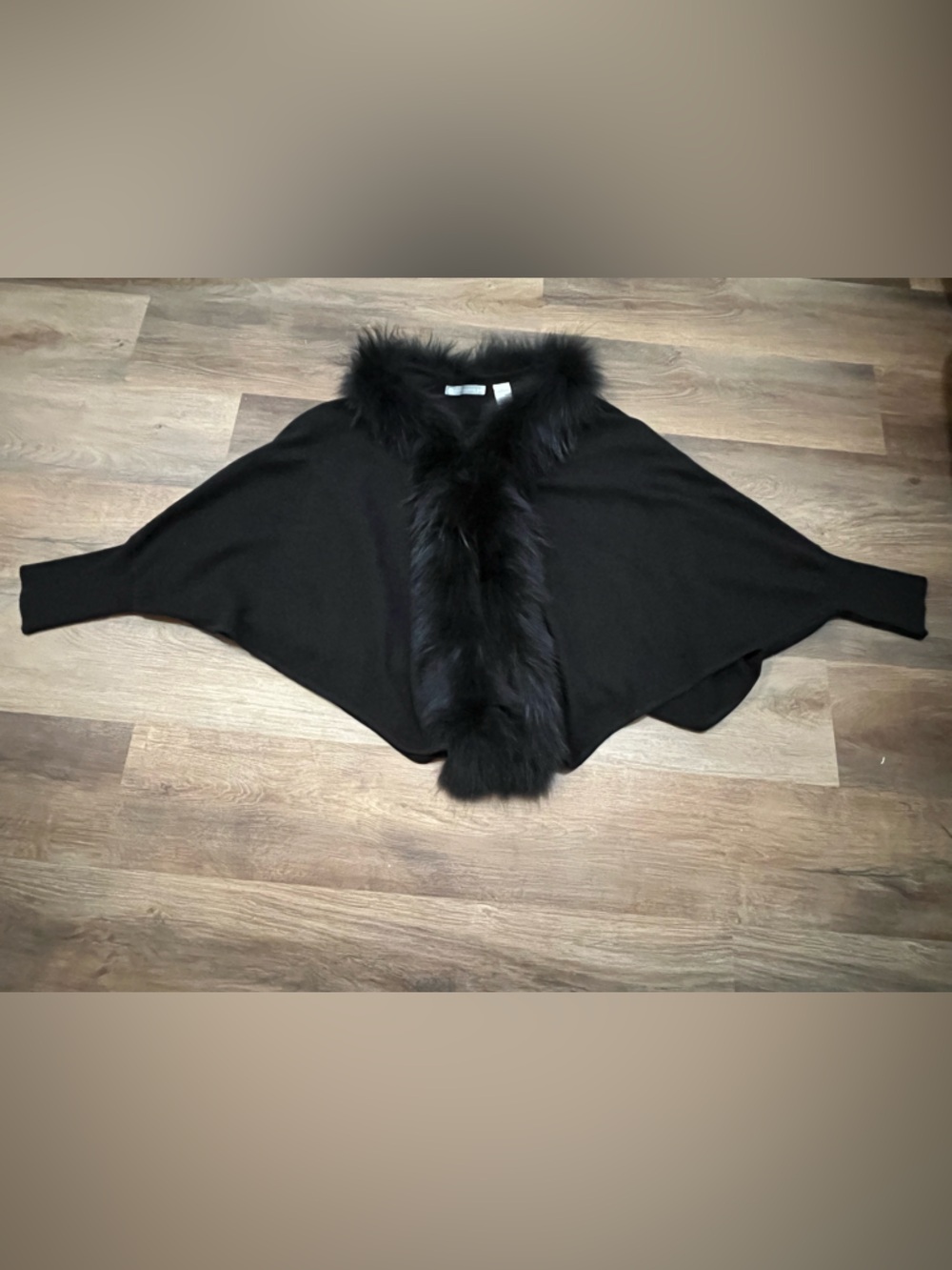 InCashmere 100% Cashmere Ruana Wrap | Raccoon Fur Trim | Black| L-XL
